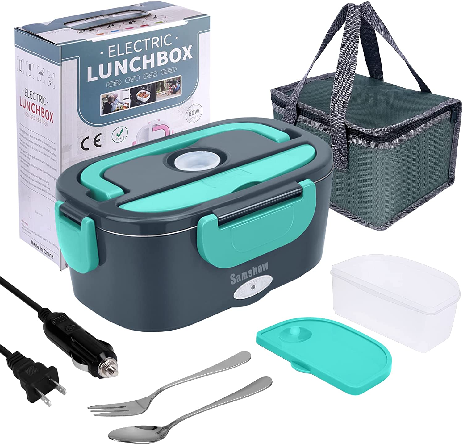 Electric Lunch Box Food Heater, Samshow 3 in 1 60W High-power Portable Microwave for Car and Home - 12V 24V /110V, Leak Proof, 1.5L Removable 304 Stainless Steel Container, Fork & spoon and Carry Bag